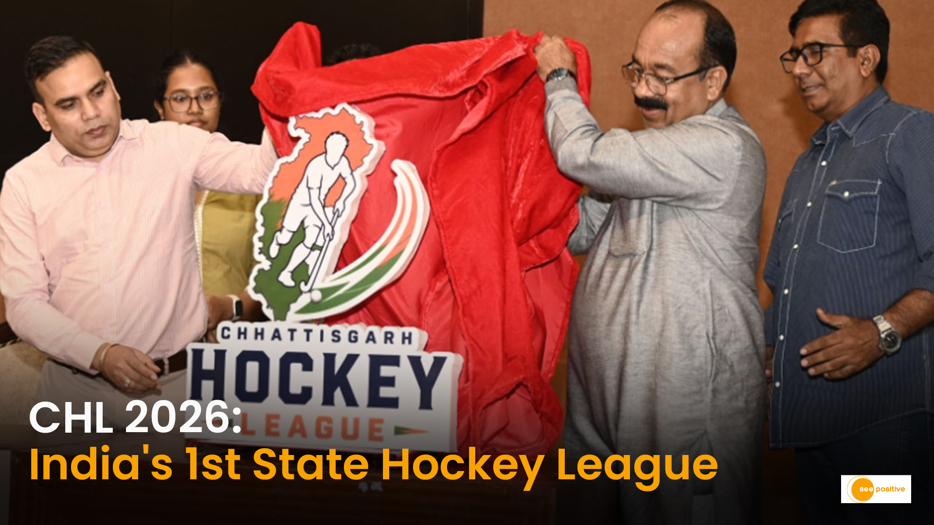 Chhattisgarh Hockey League official logo and mascot Baghwa launch banner with Deputy CM Arun Sao.