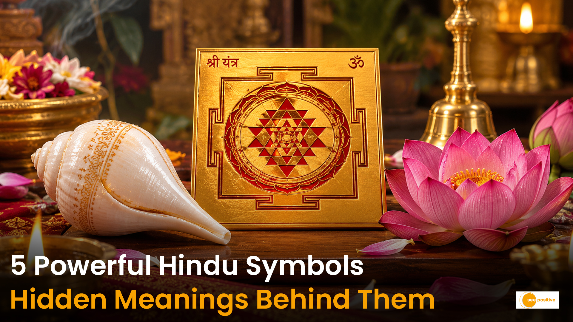 Five sacred Hindu symbols representing spirituality and auspiciousness: Om, Swastika, Lotus, Shankha, and Shri Yantra.